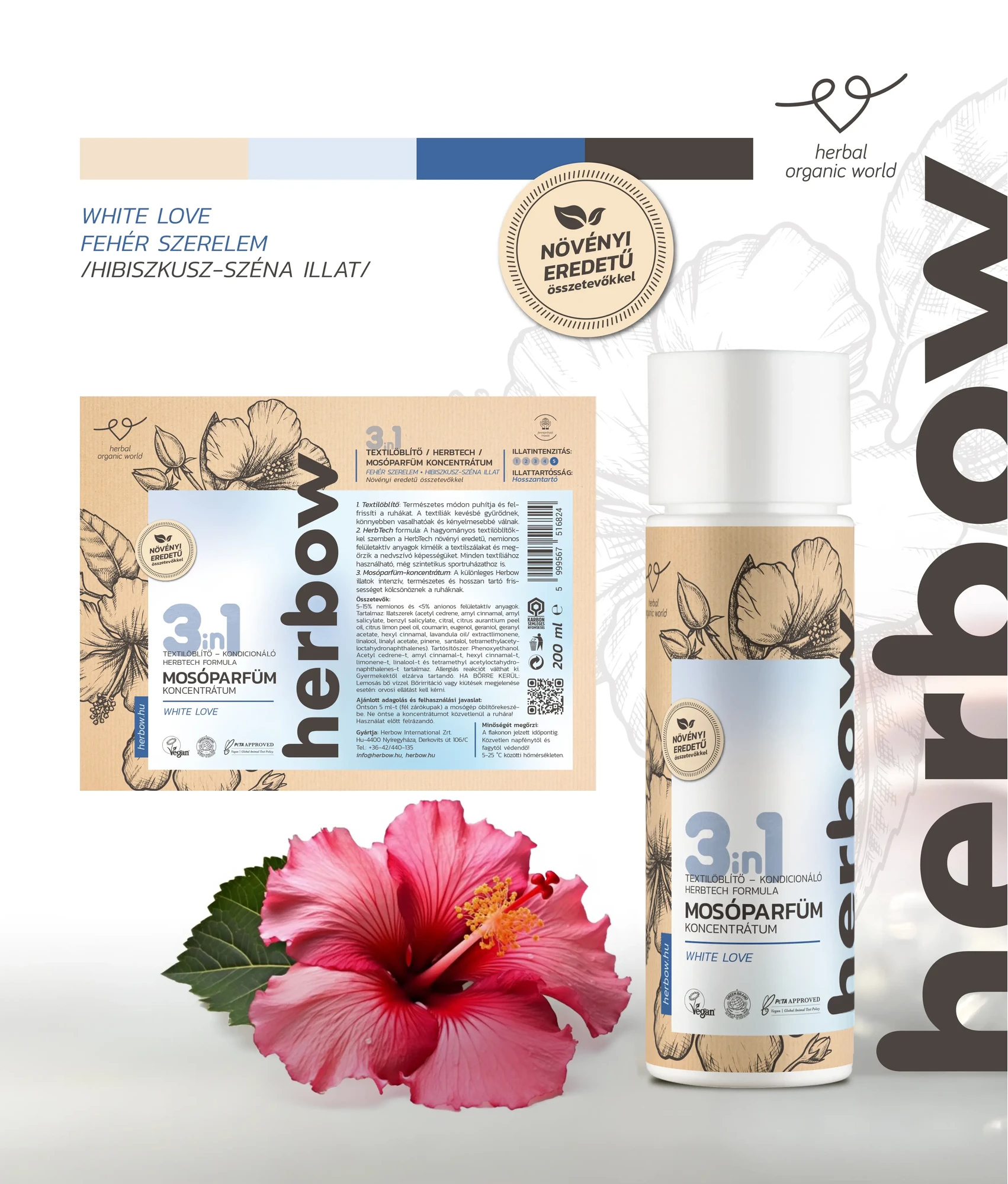 Herbow 3in1 Öblítő és kondicionáló mosóparfüm koncentrátum Fehér szerelem 200ml 40 mosás