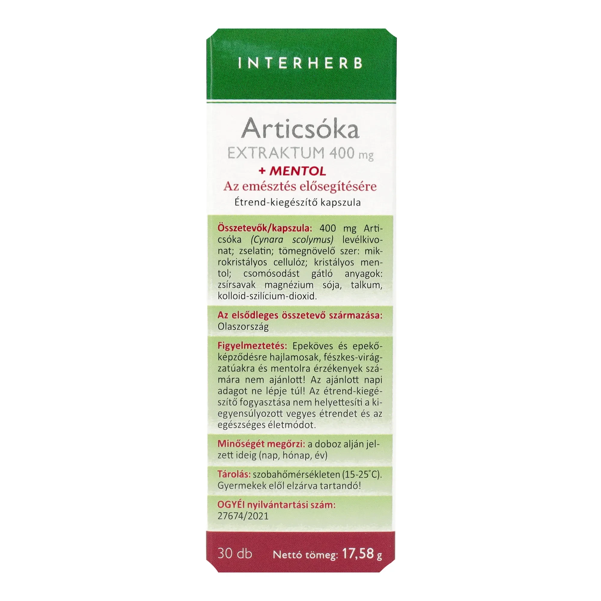 Interherb NAPI1 Articsóka Extraktum + Mentol 400mg 30db