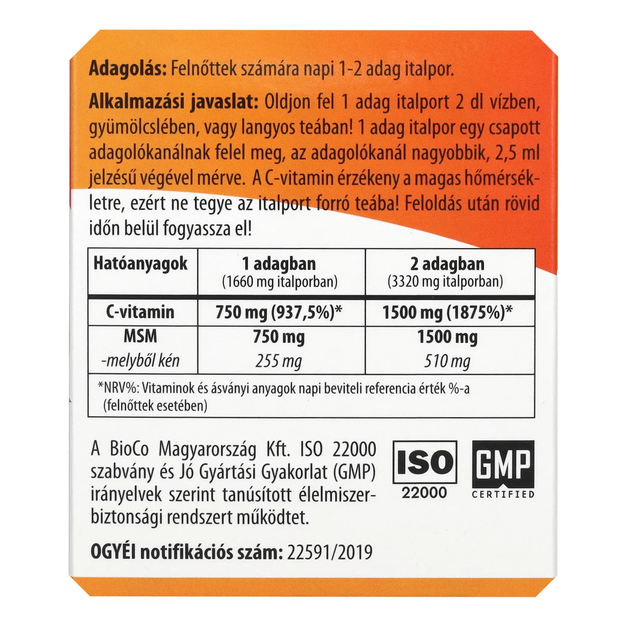 BioCo MSM+C-vitamin 750 mg + 750 mg  italpor 75 adag