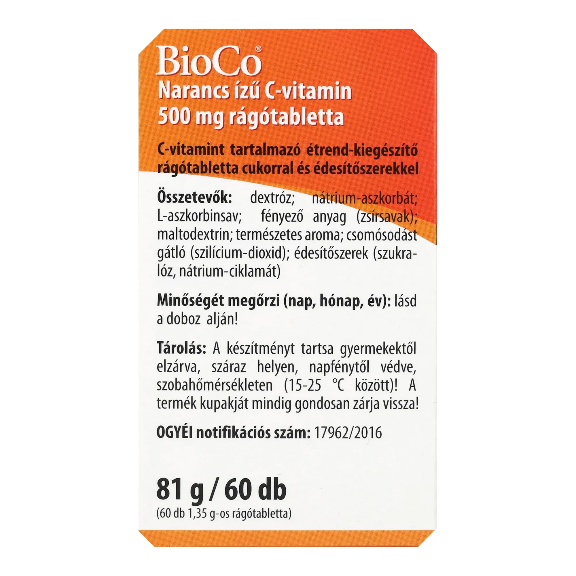 BioCo Narancs ízű C vitamin 500mg rágótableta 60db