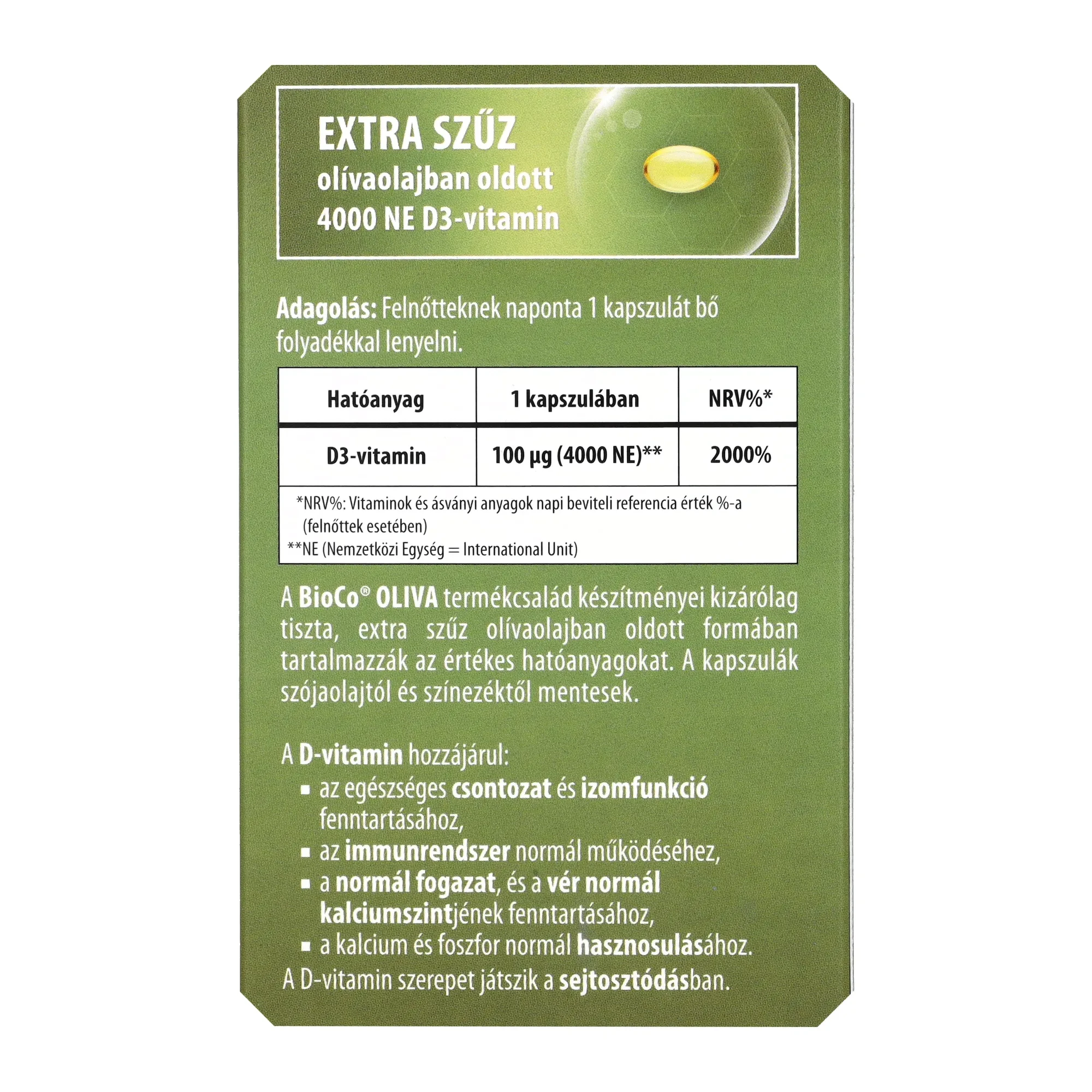 BioCo OLIVA D3-vitamin FORTE 4000 NE lágyzselatin kapszula 60 db
