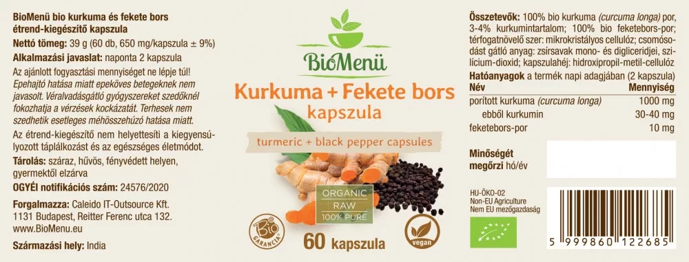 BioMenü BIO KURKUMA + FEKETE BORS kapszula 60 db