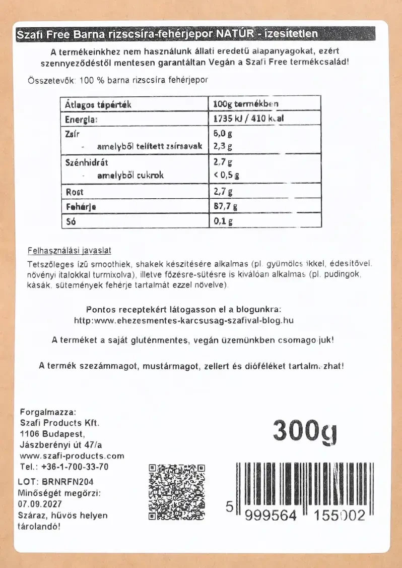 Szafi Free Barna rizscsíra-fehérjepor natúr- ízesítetlen (gluténmentes, vegán) 300g
