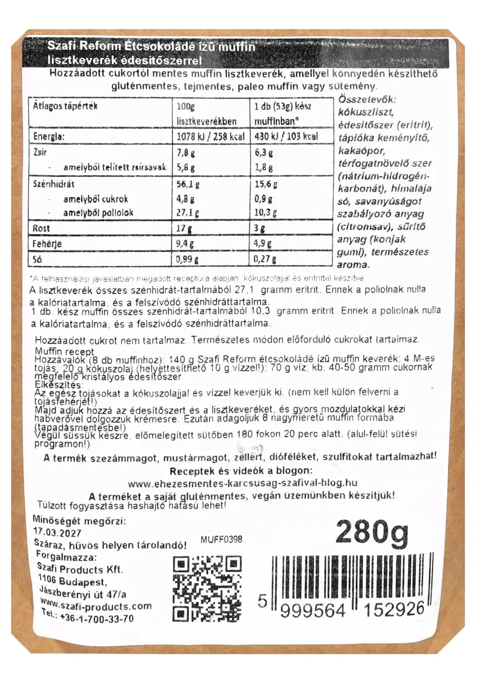 Szafi Reform csokoládé ízű muffin lisztkeverék édesítőszerrel (gluténmentes) 280g