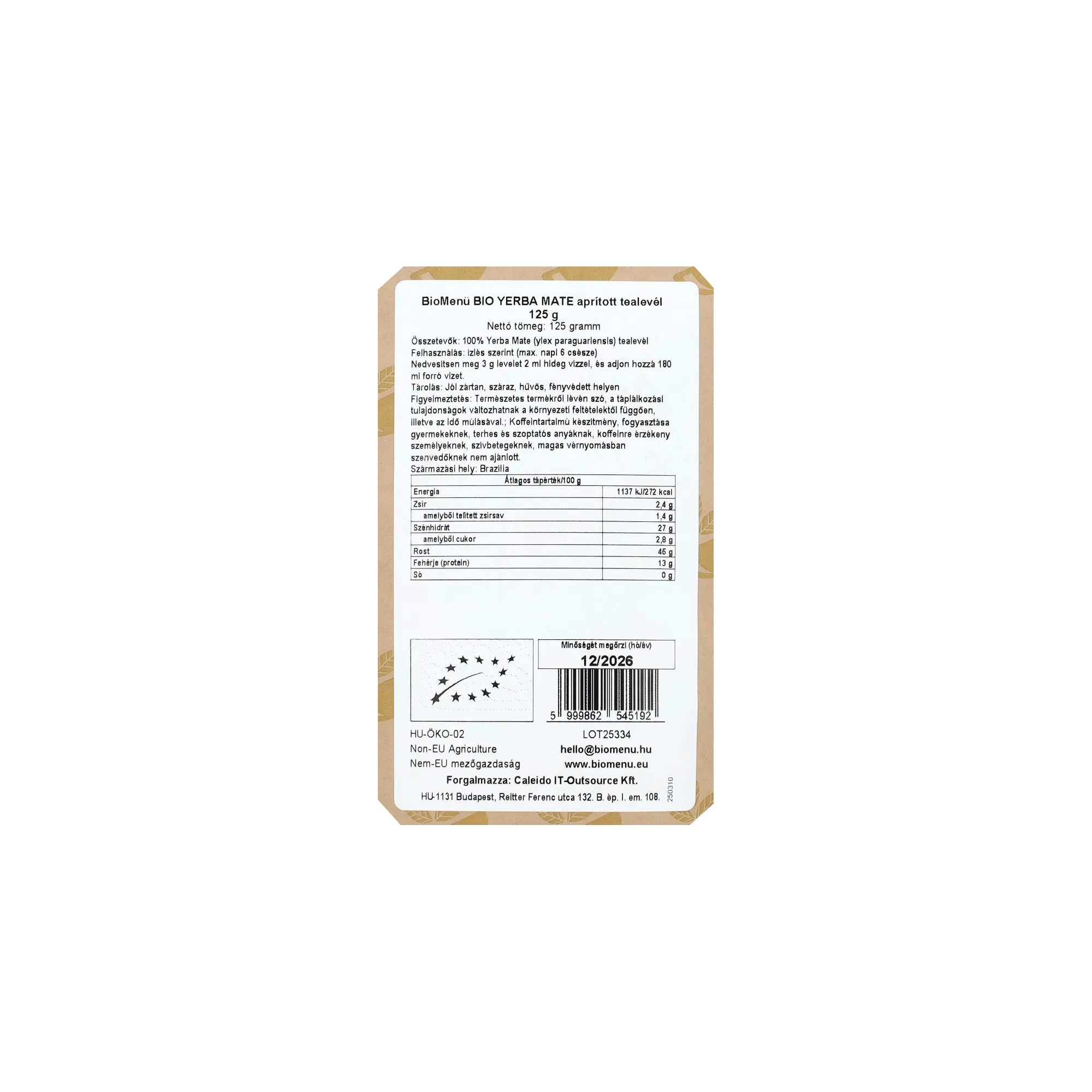 Biomenü BIO YERBA MATE Aprított Tealevél 125 g