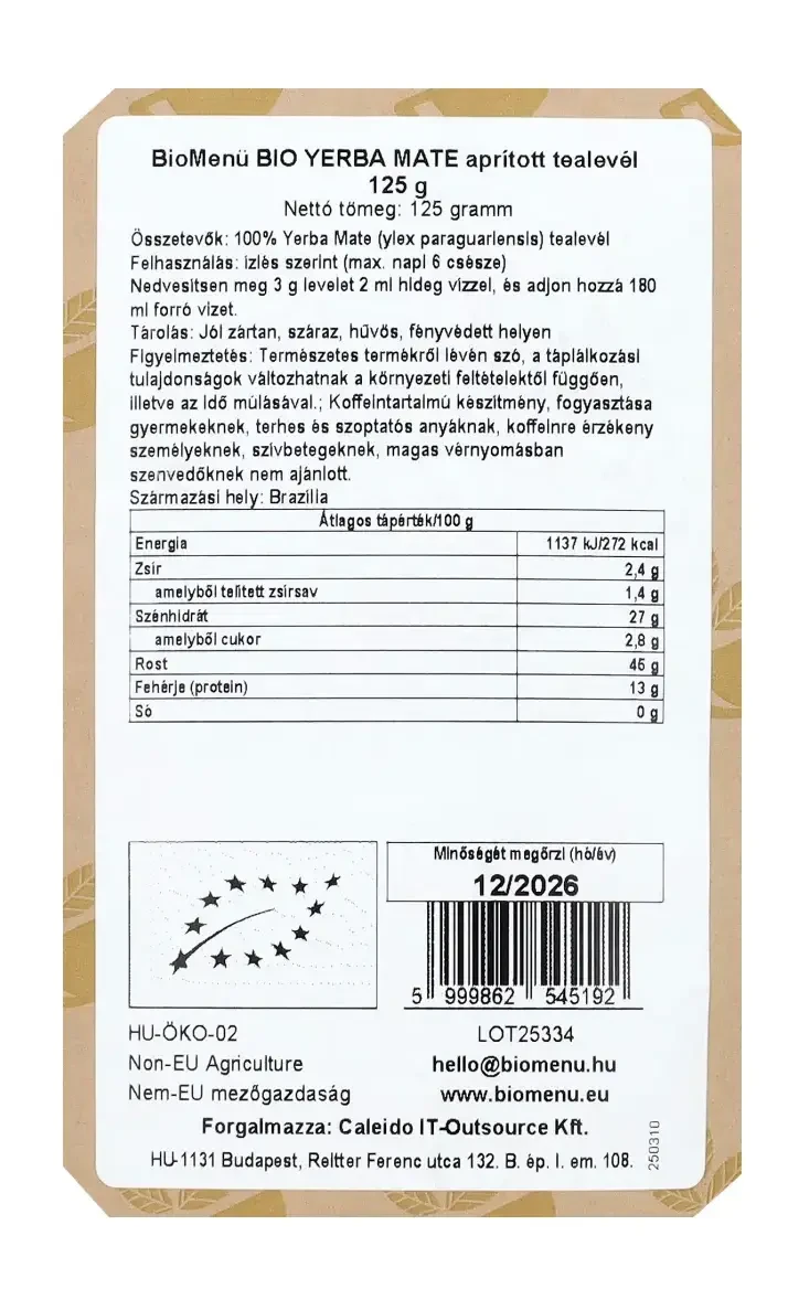 Biomenü BIO YERBA MATE Aprított Tealevél 125 g