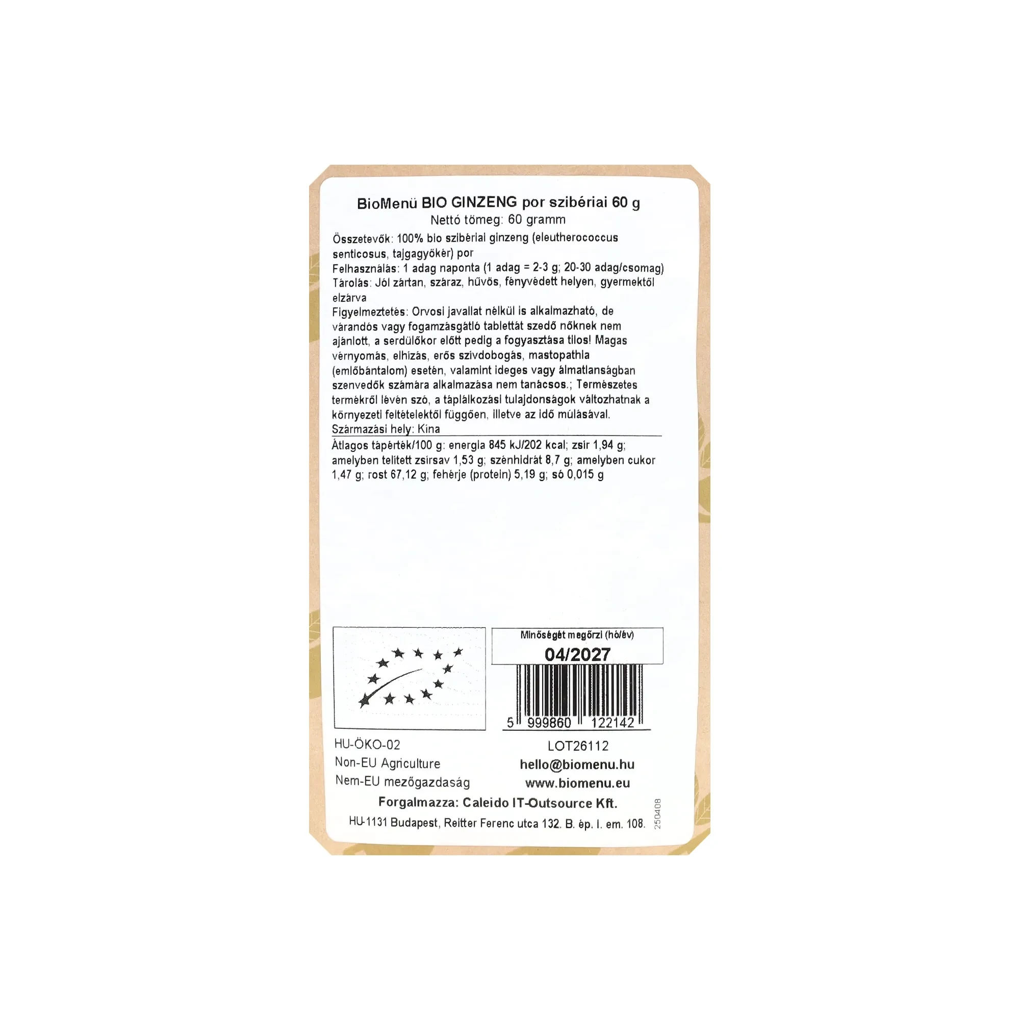 BioMenü BIO GINSENG por szibériai 60 g