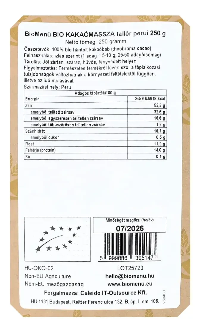 BIO KAKAÓMASSZA tallér perui 250 g