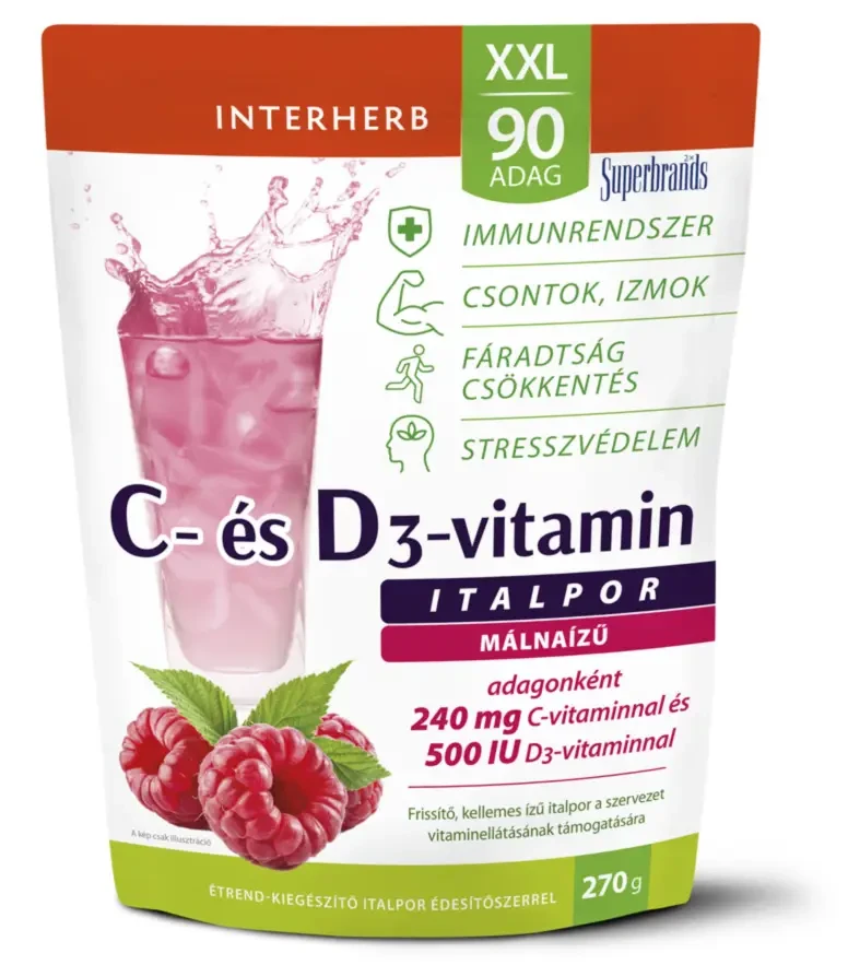 Interherb XXL 90 adag C+D3-vitamin Málna ízű italpor 270 g