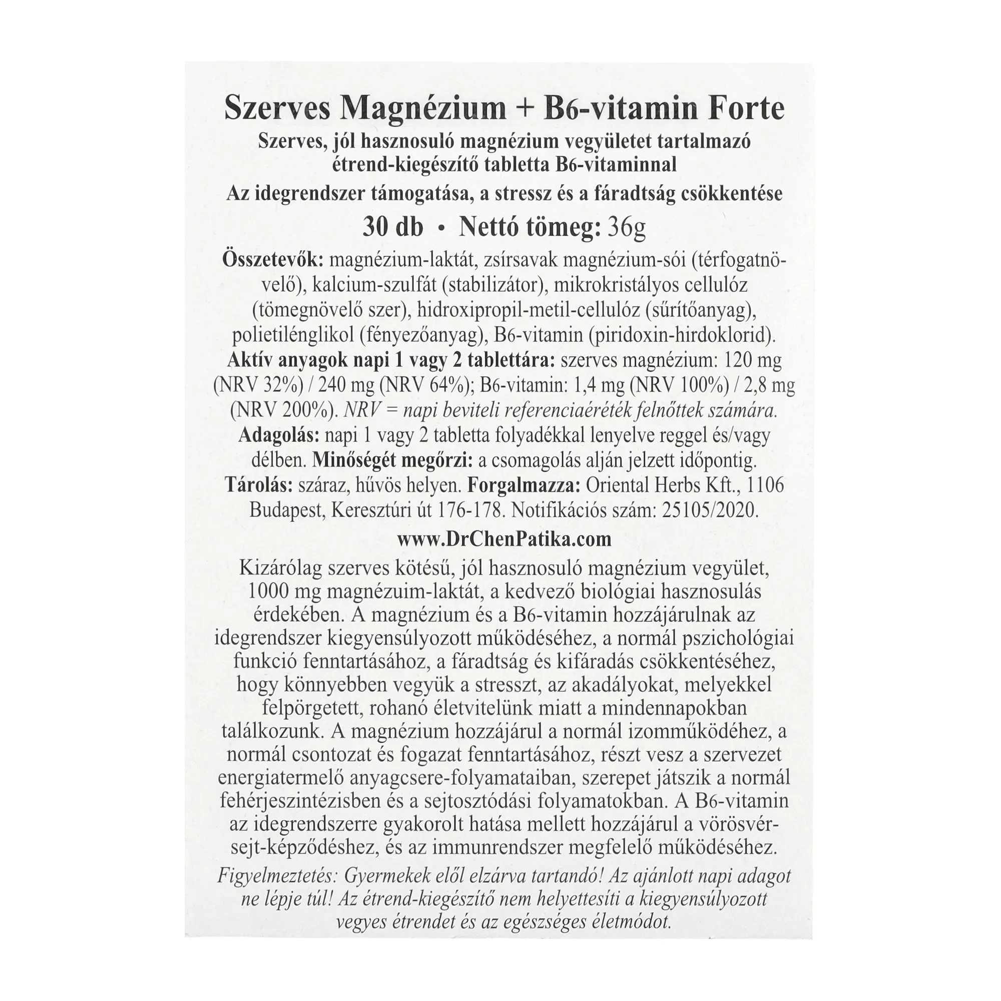 Dr. Chen Magnézium B6-vitamin Forte tabletta 30db 1000mg