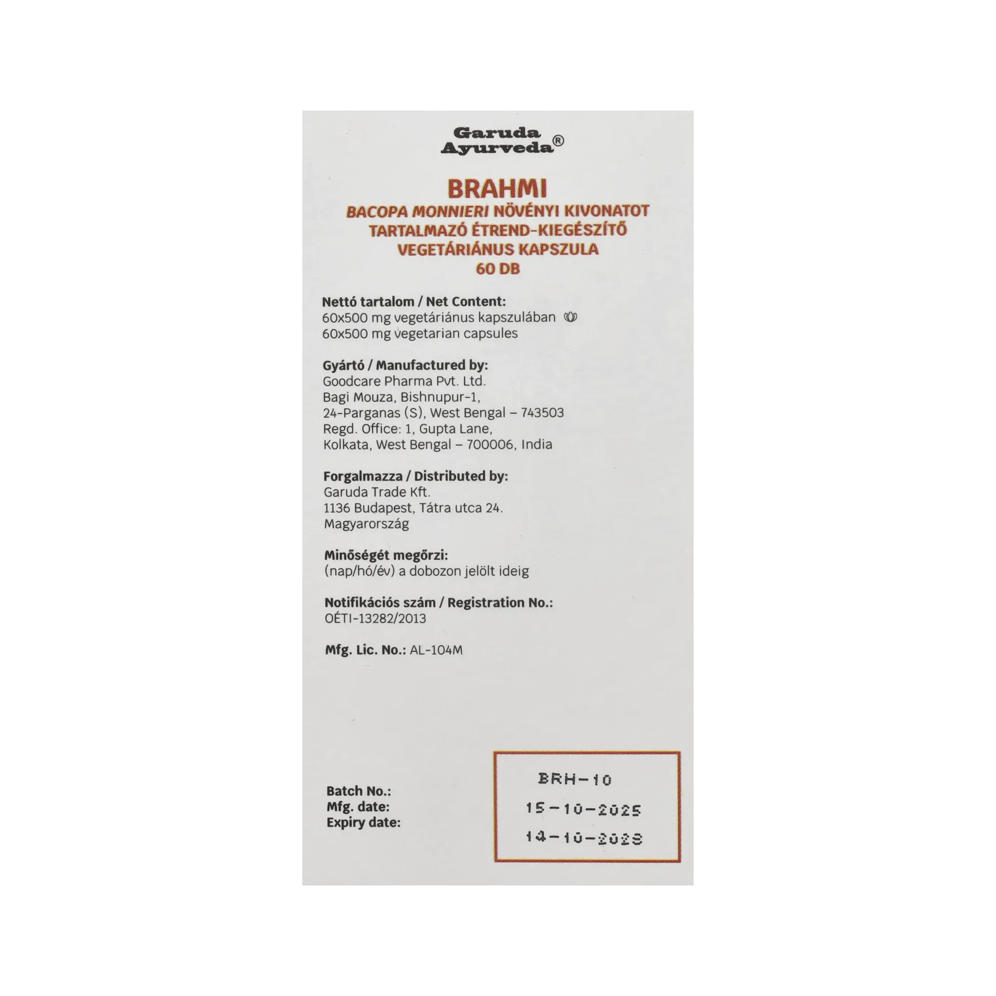 Garuda Ayurveda Brahmi vega kapszula 60db