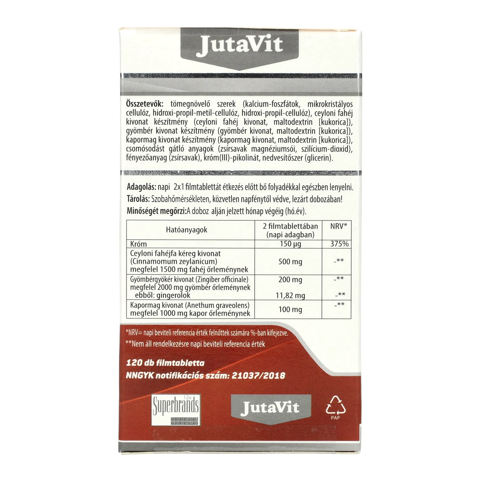 Jutavit Fahéj+Króm+Gyömbér+Kapormag 120 db Filmtabletta