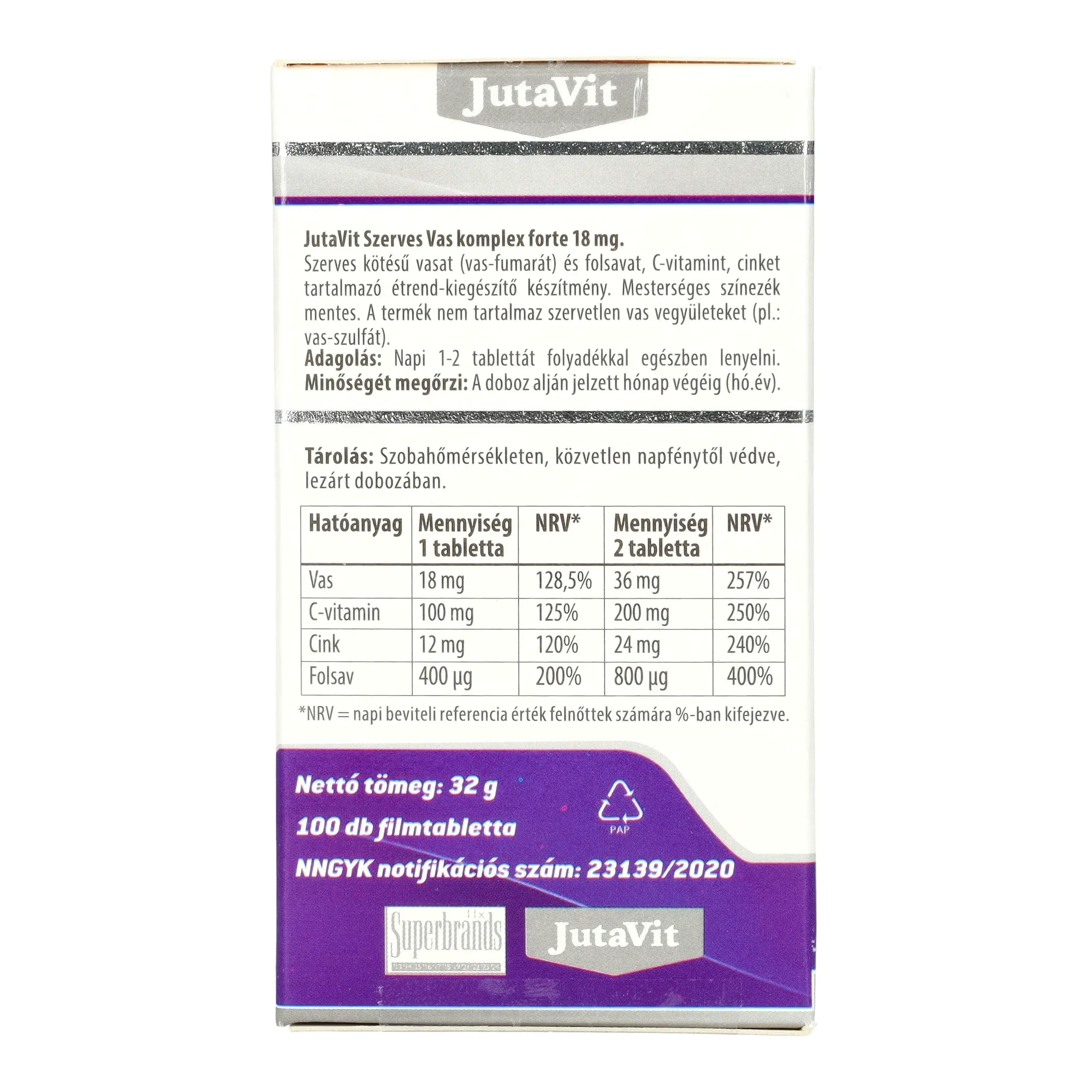 JutaVit Szerves Vas-komplex Forte 18mg 100db