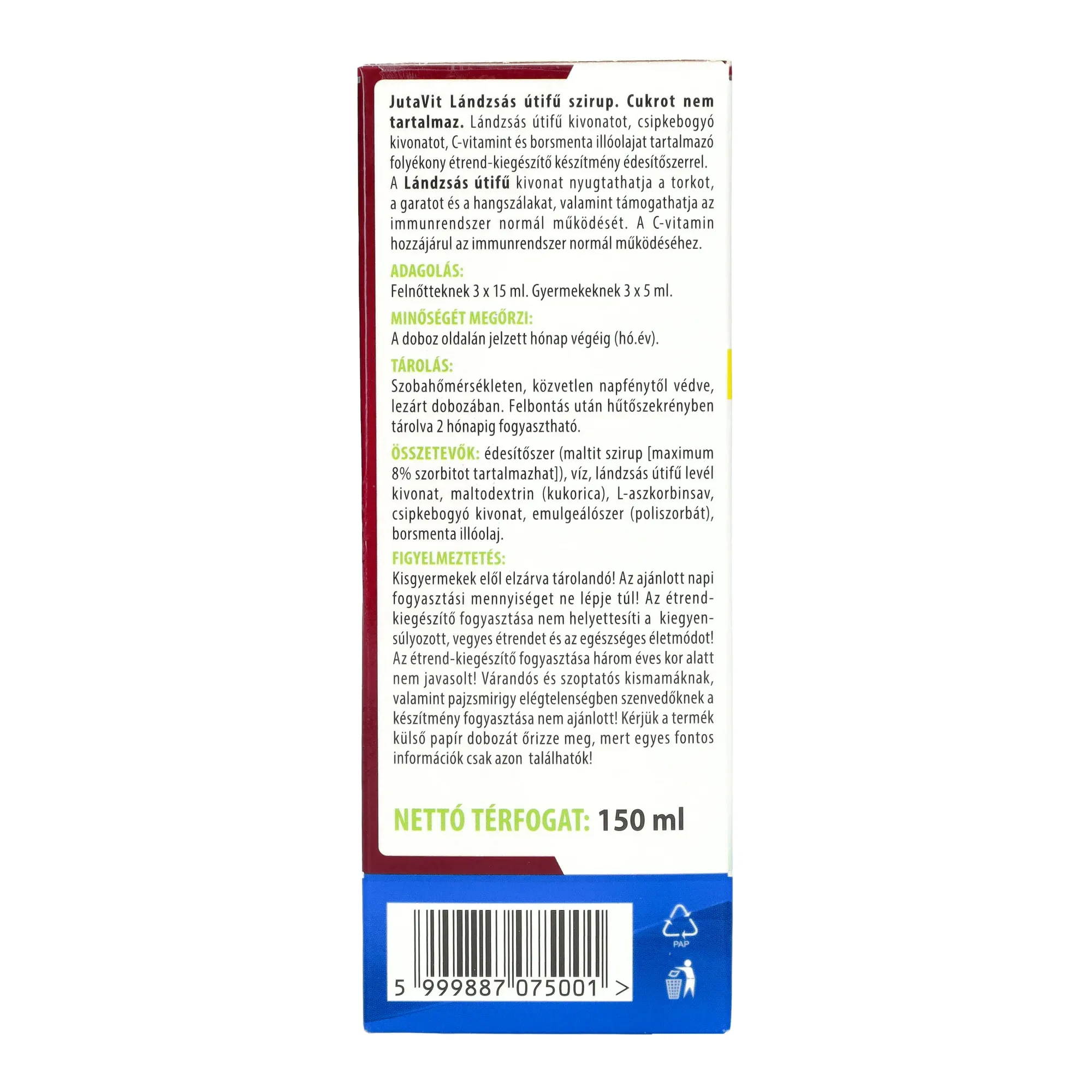 Jutavit Lándzsás Útifű Szirup Cukormentes 150 ml