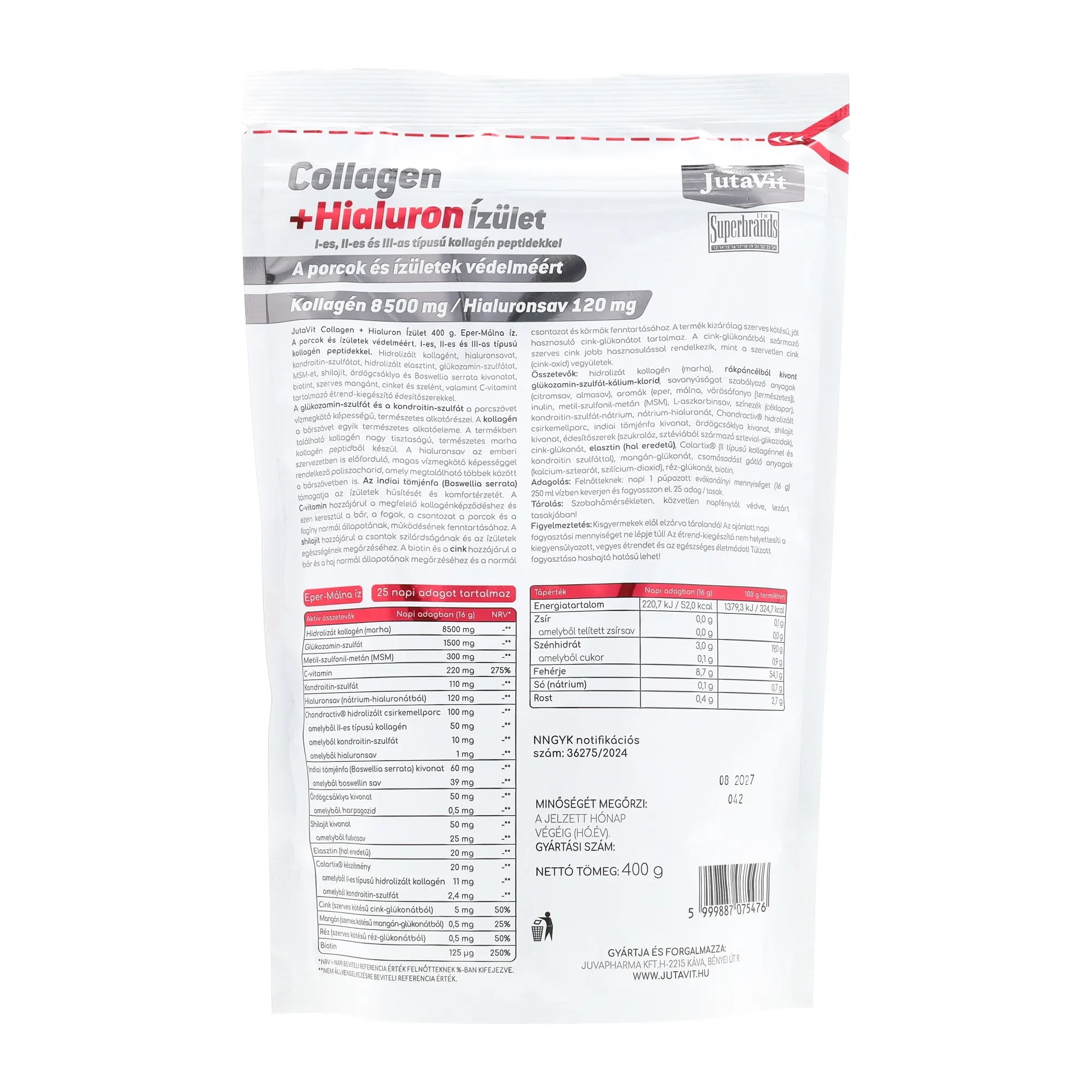 JutaVit Collagen+Hialuron ízület Eper-Málna 400 g