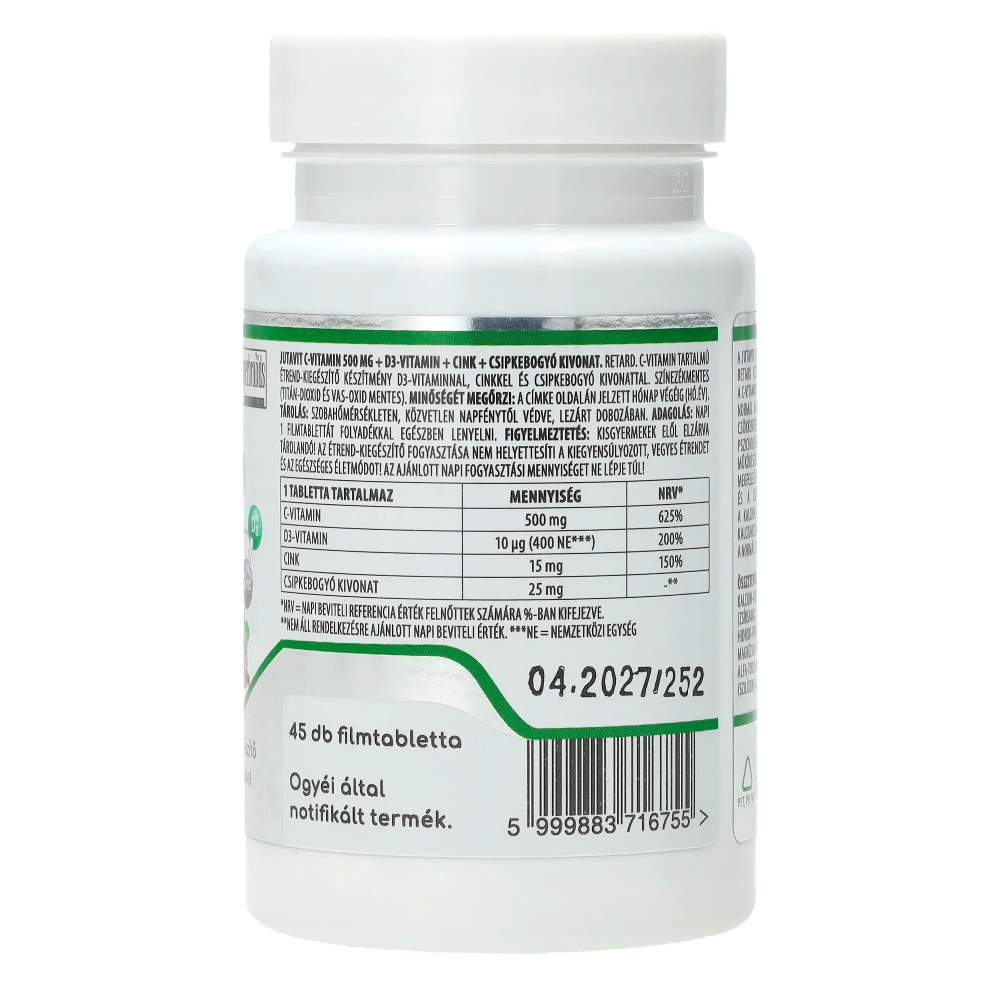 JutaVit C-vitamin 500mg retard csipkebogyó+D3+Cink 45db