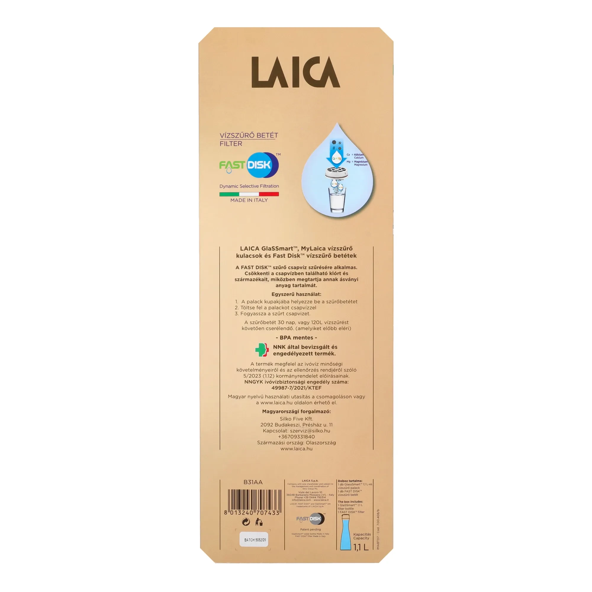 LAICA GlasSmart 1,1 literes üveg vízszűrő palack 1 db szűrő disk-kel