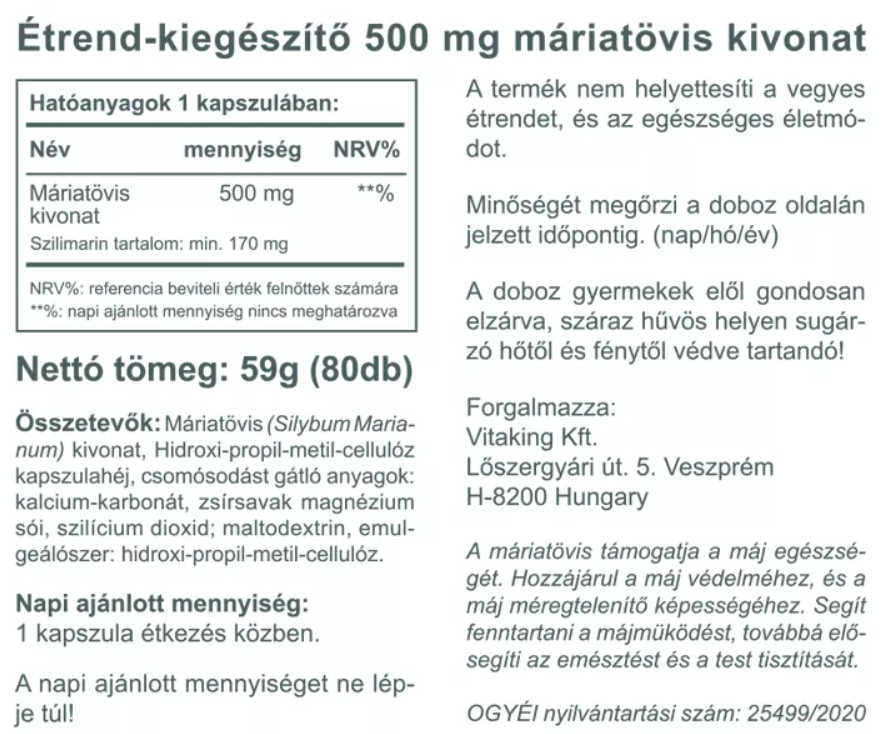 VK Máriatövis Milk Thistle Extract 80db 500mg