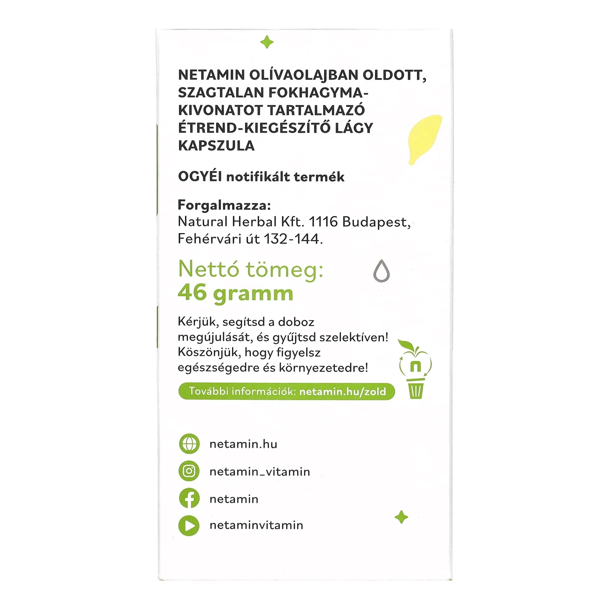 Netamin Fokhagyma Kapszula Olivaolajjal 100 db
