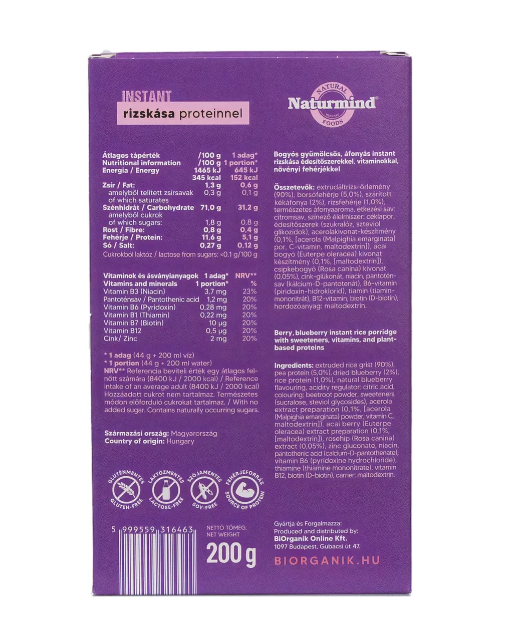 Naturmind Instant Gluténmentes Rizskása Proteinnel Piros Bogyós 200g