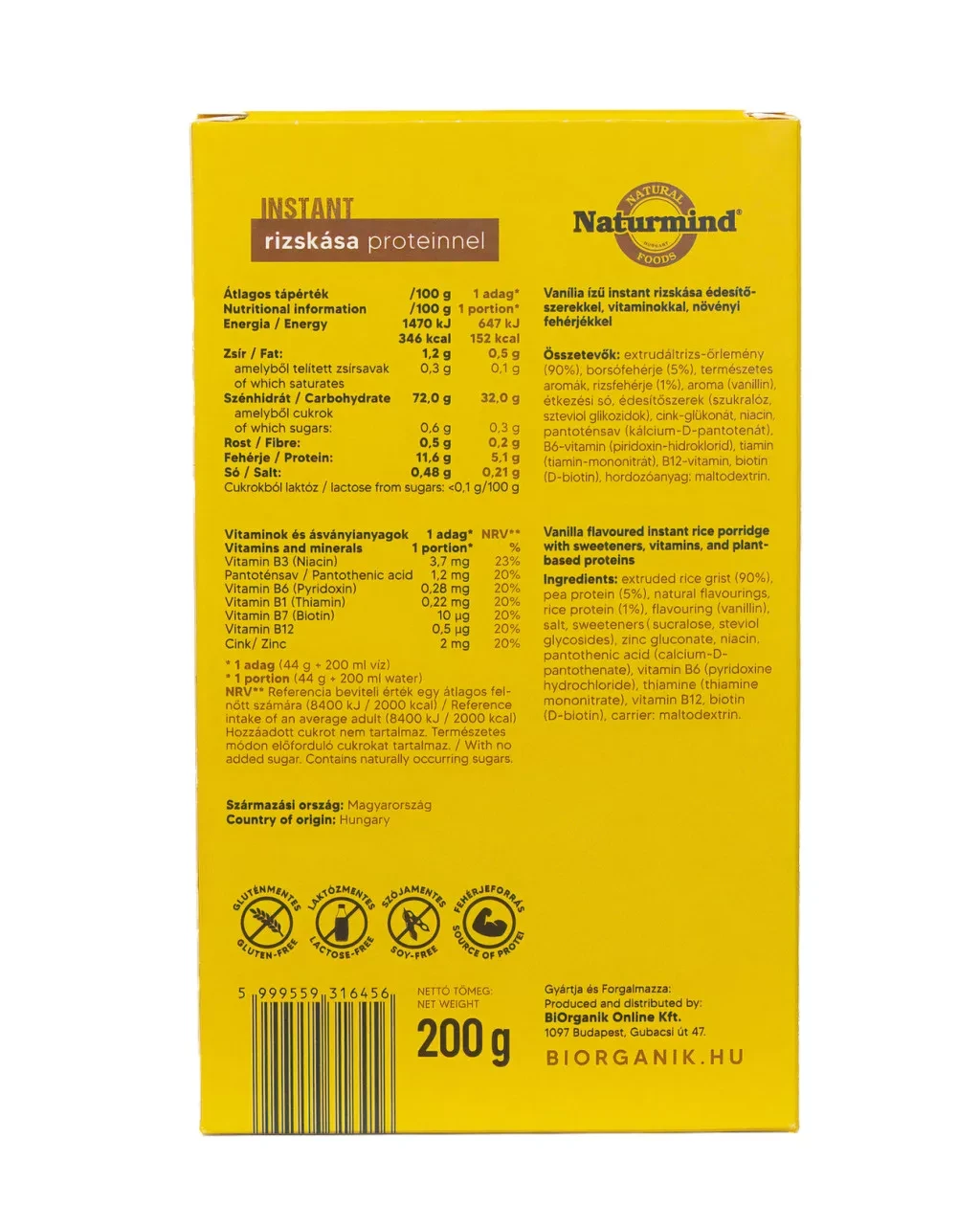 Naturmind Instant Gluténmentes Rizskása Proteinnel Vanília Ízű 200g