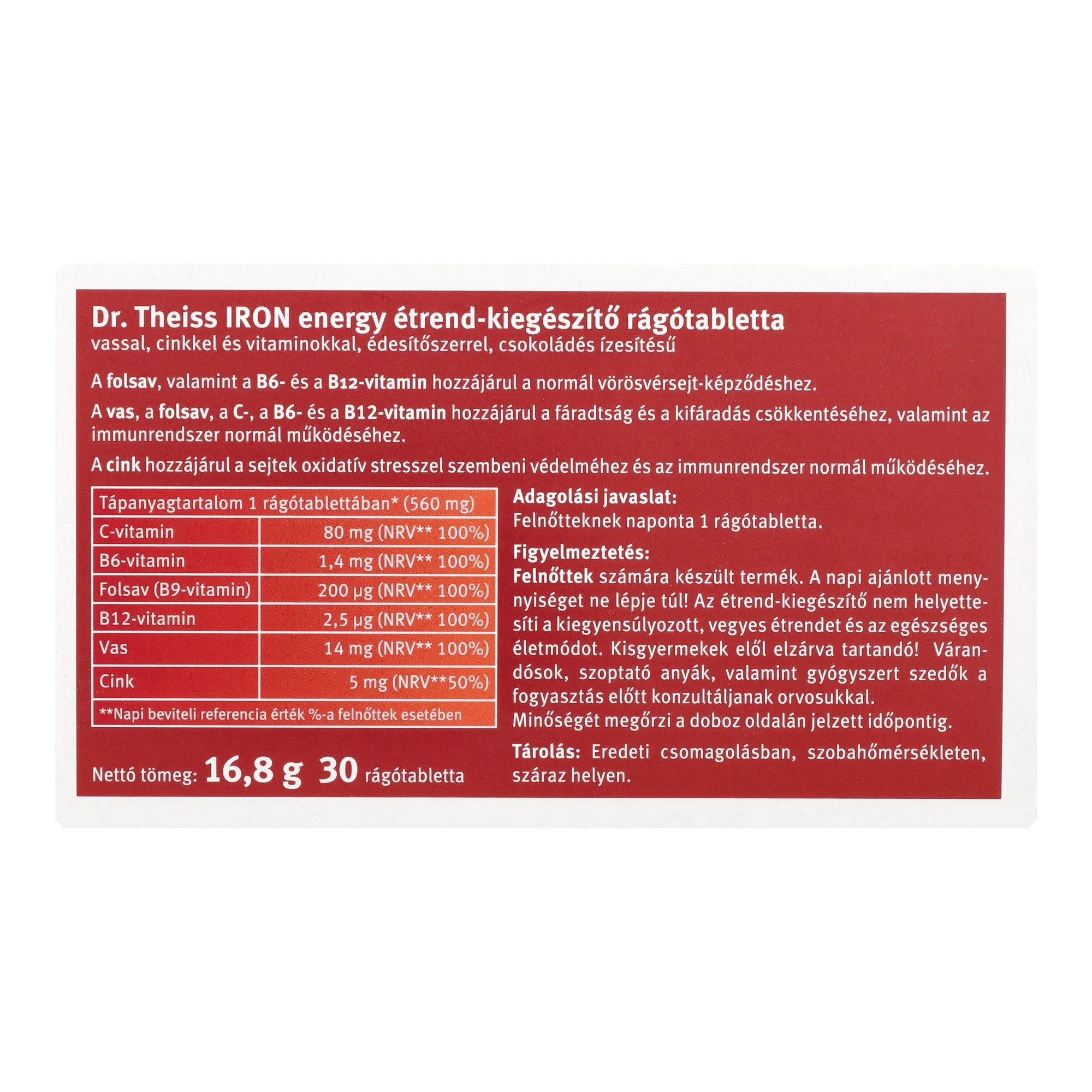 Dr.Theiss IRON energy rágótabletta édesítőszerrel,csokoládés ízesítésű 30 db