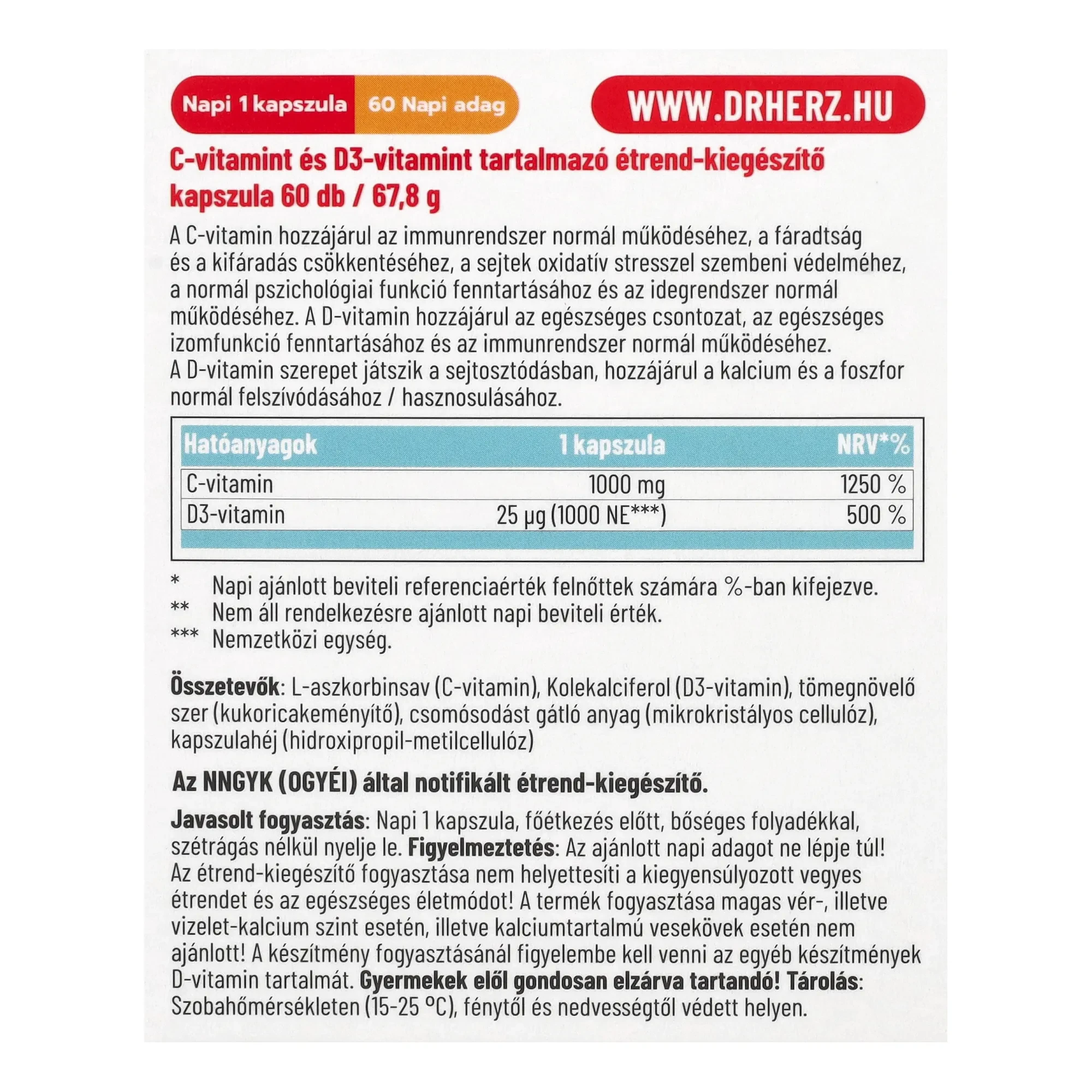 Dr. Herz C vitamin 1000 mg + D3-vitamin 1000NE 60db