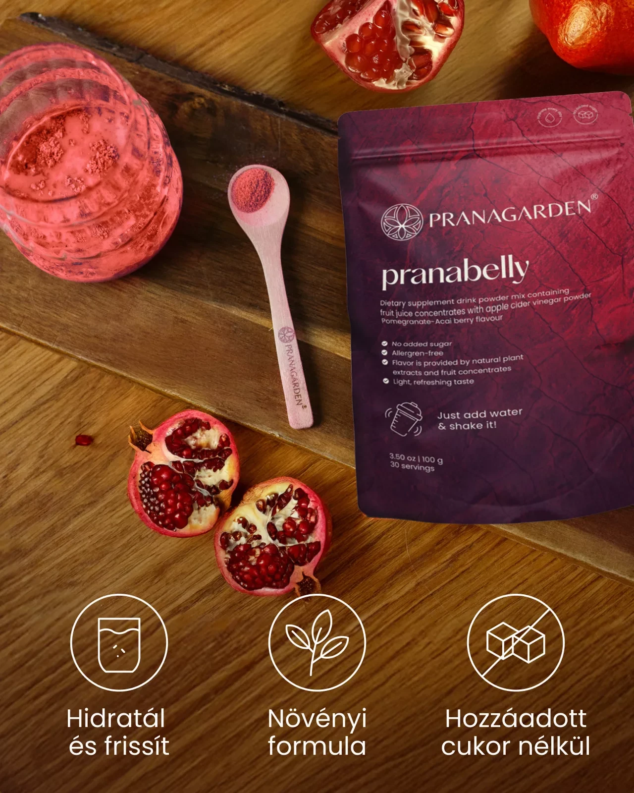 Pranagarden Pranabelly magas rosttartalmú bélflóra támogató pre-probiotikus víz italpor acai és gránátalma- 100g