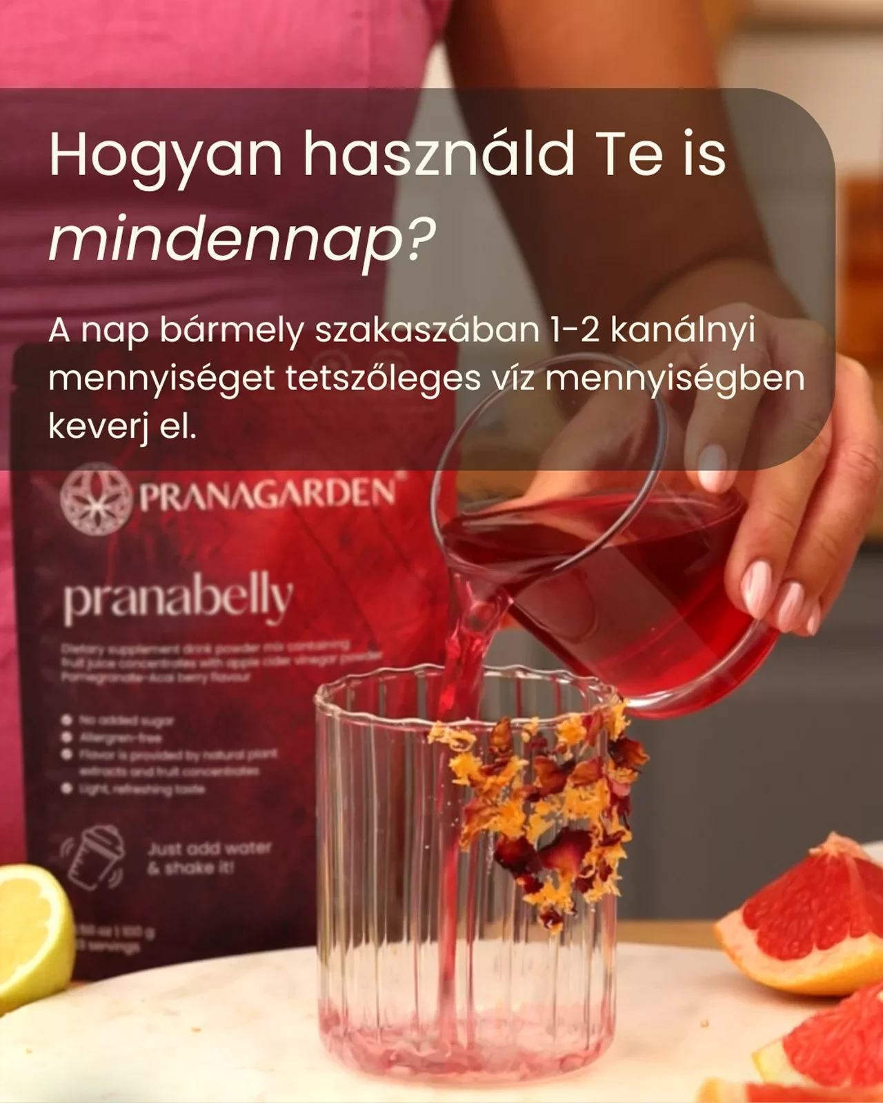 Pranagarden Pranabelly magas rosttartalmú bélflóra támogató pre-probiotikus víz italpor acai és gránátalma- 100g