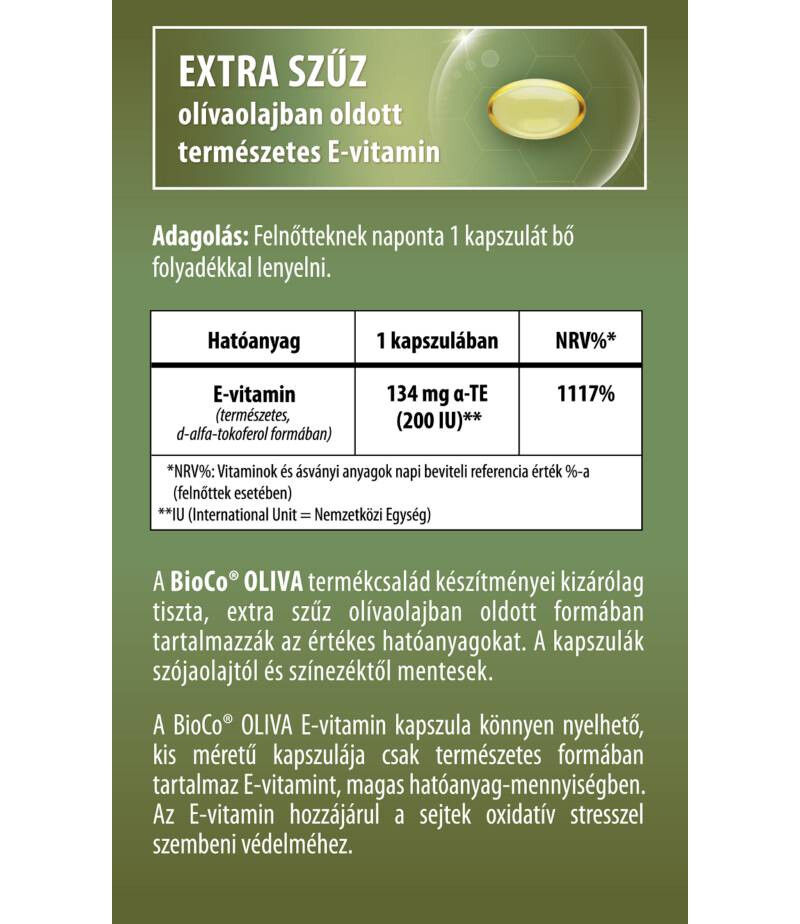 BioCo OLIVA Természetes E-vitamin 200 IU lágyzselatin kapszula 60 db