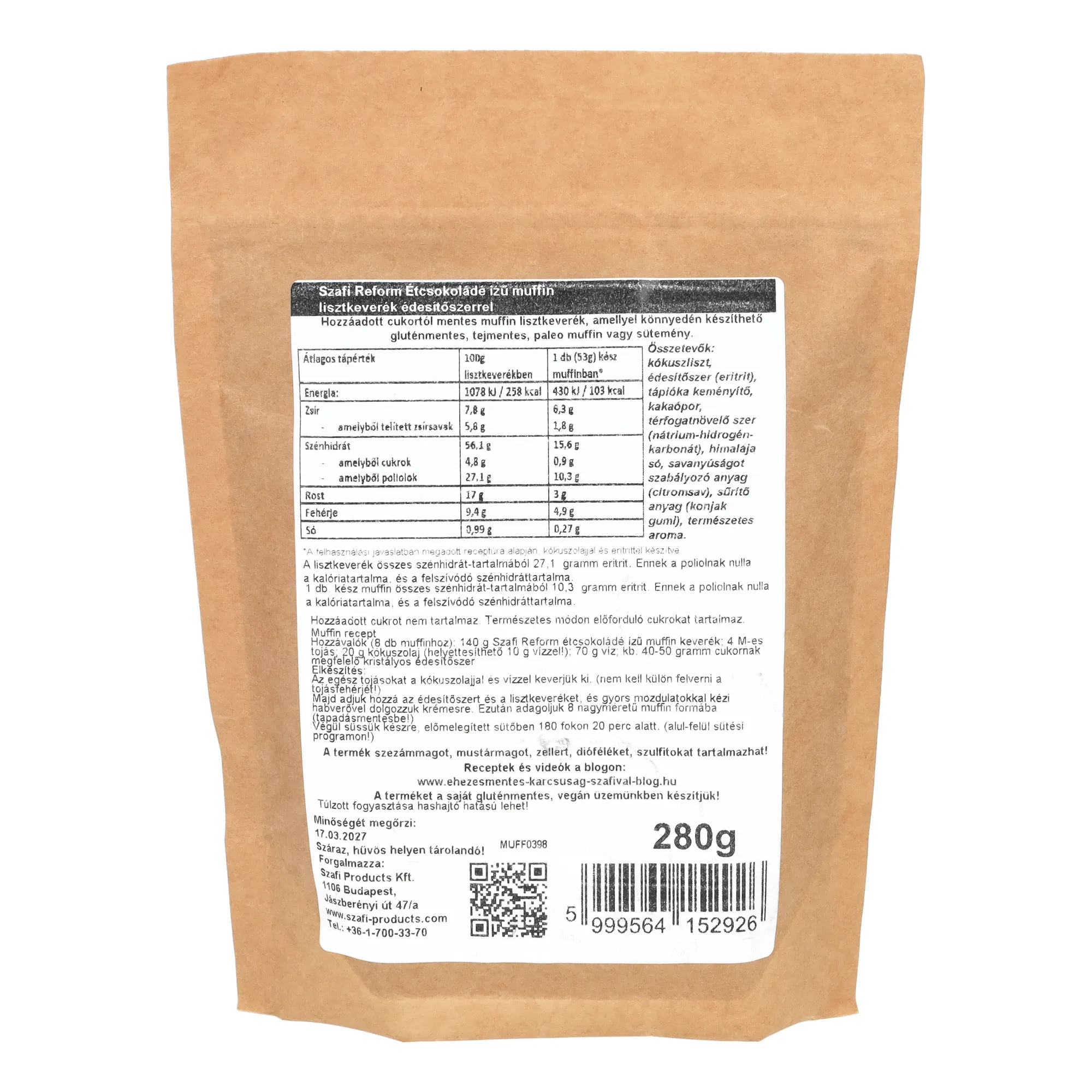 Szafi Reform csokoládé ízű muffin lisztkeverék édesítőszerrel (gluténmentes) 280g