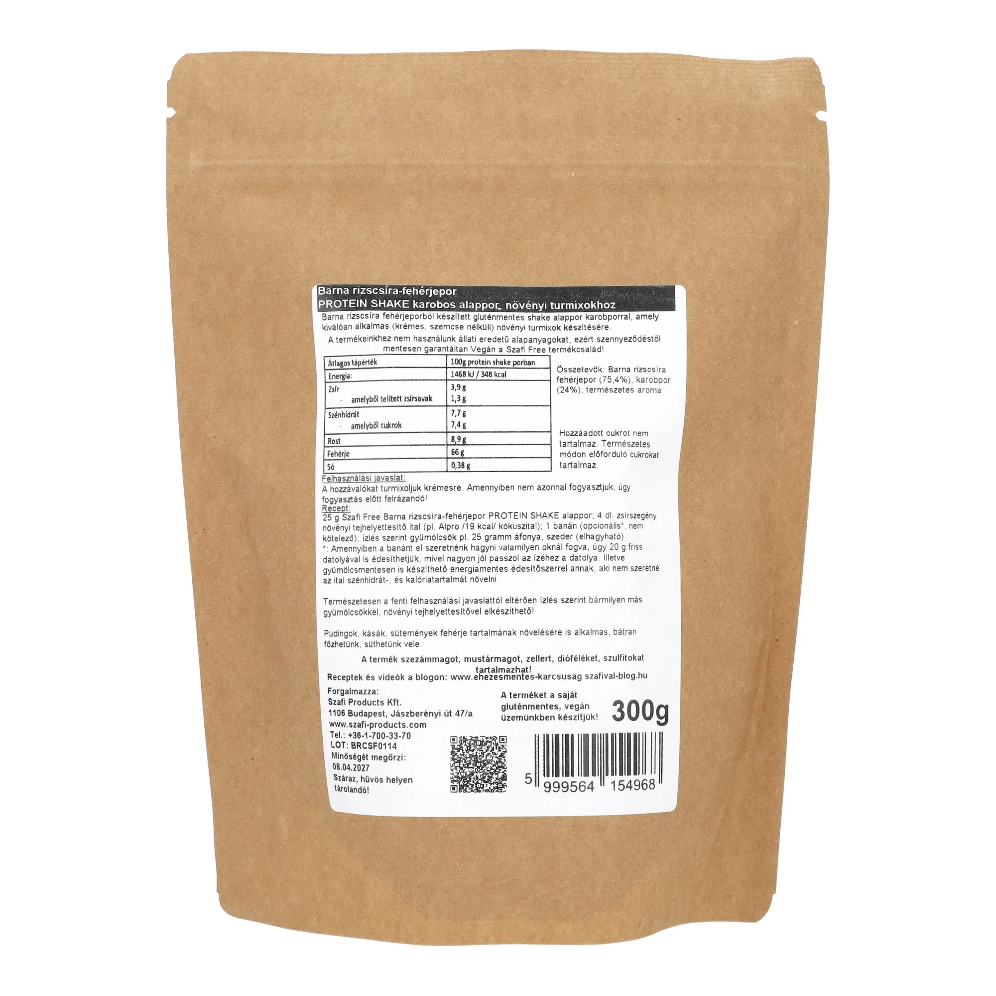 Szafi Free barna rizscsíra-fehérjepor protein shake karobos alappor (gluténmentes) 300 g