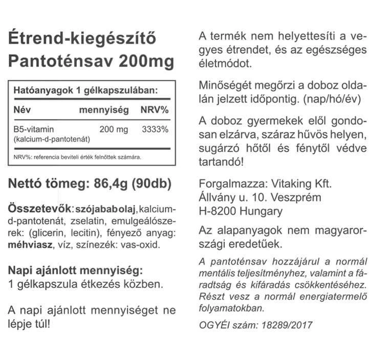 Vitaking B5-vitamin Pantoténsav 200mg gélkapszula 90db