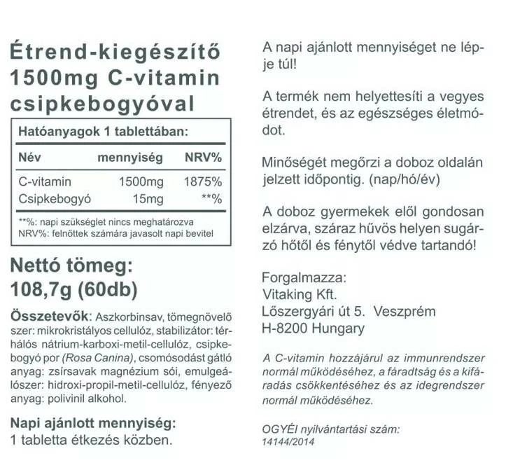 Vitaking C-vitamin Csipkebogyóval tabletta 60db 1500mg