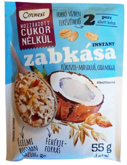Cornexi Kókuszos-Mandulás Zabkása Chia Maggal Édesítőszerrel, hozzáadott cukor nélkül 55 g