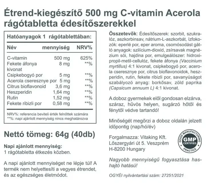 Vitaking Acerola C-500 Epres 40db