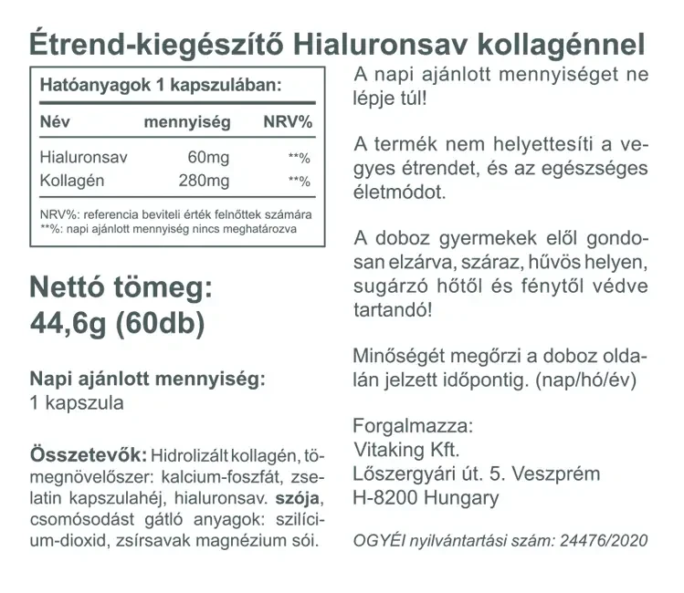 Vitaking Hialuronsav + Kollagén komplex 60db