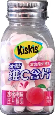 Őszibarack ízű frissítő cukorka, C-vitaminnal és édesítőszerekkel 38g