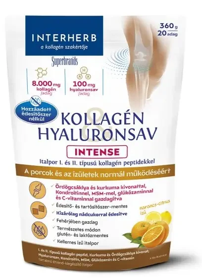Interherb Kollagén&Hyaluronsav Porcépítő italpor Intense nádcukorral,Narancs ízű 360 g