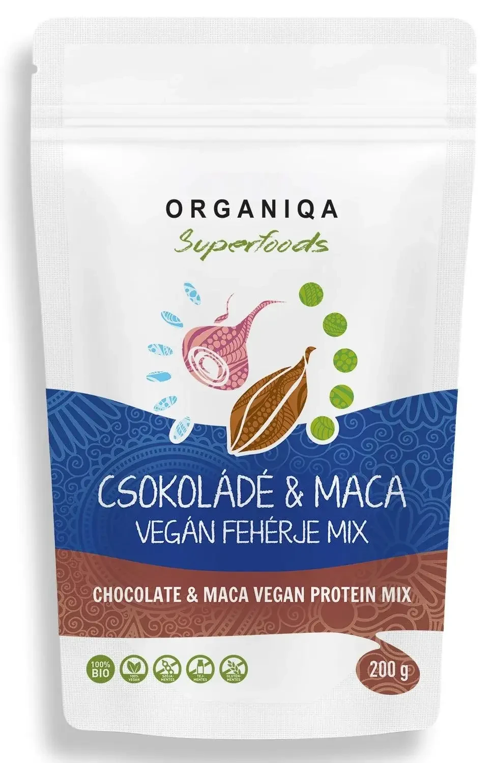 Organiqa BIO Csokoládé-maca Vegán fehérje mix 200g