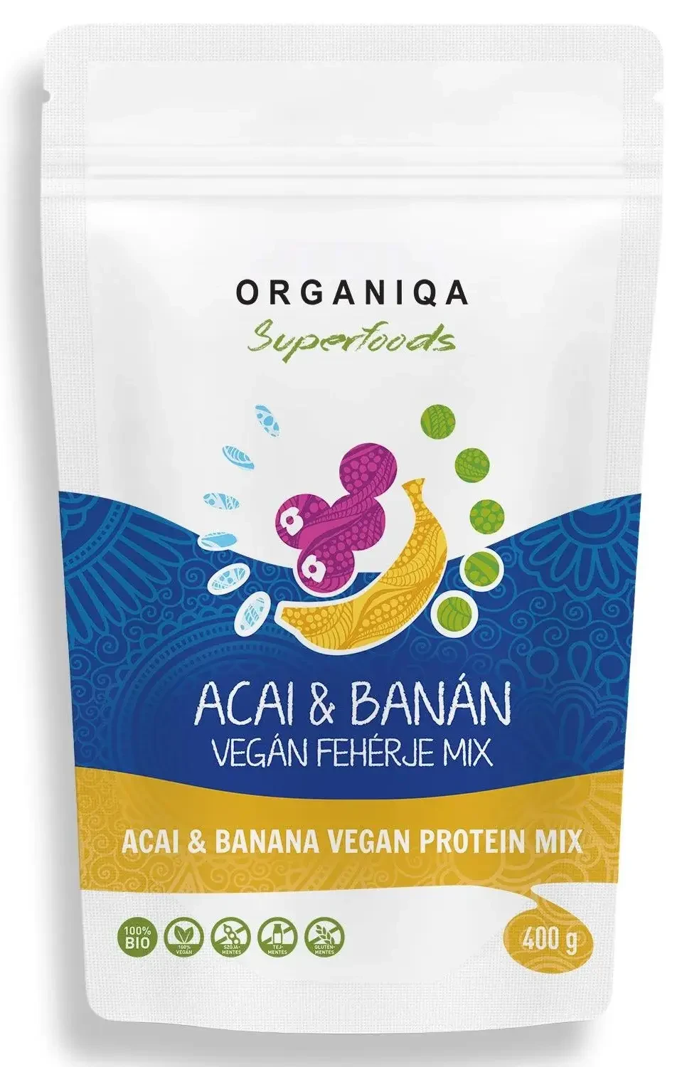 Organiqa BIO Vegán Acai-banán fehérje 400g
