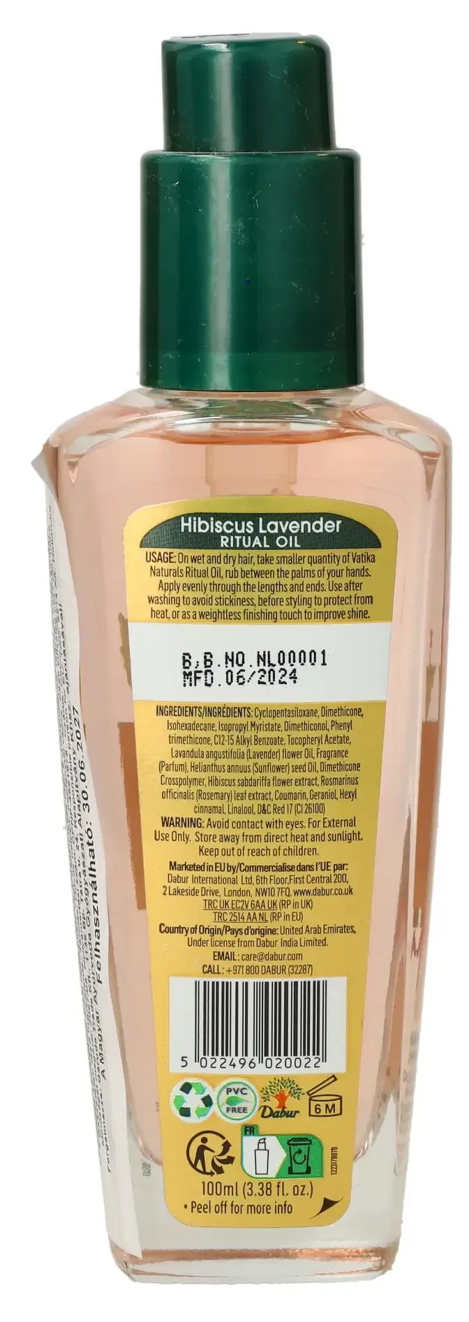 Dabur Vatika Naturals Ritual Hajápoló Olaj Hibiszkusszal és Levendulával 100 ml