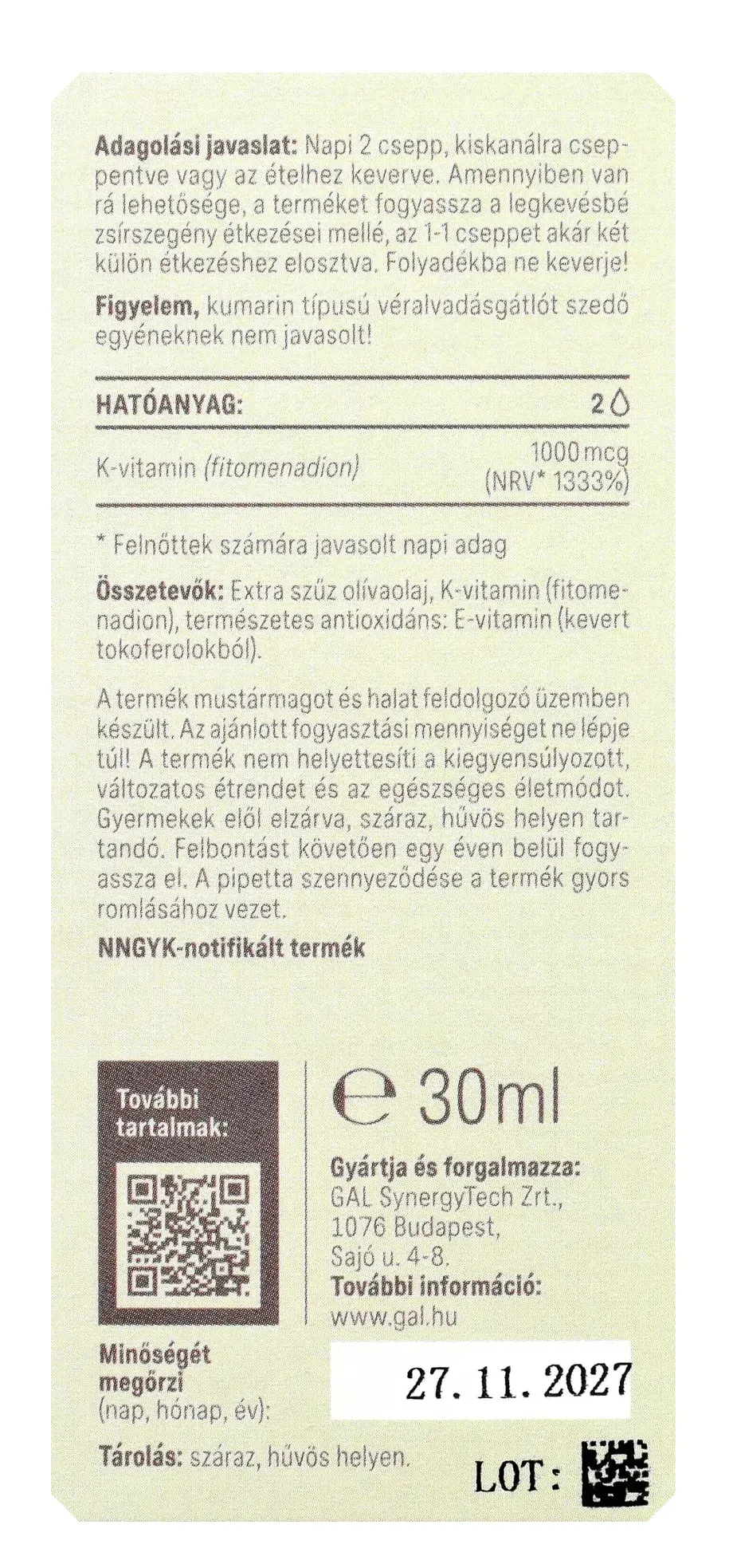 GAL K1-vitamin, 1000 mcg K-vitamin 480 adag 30ml