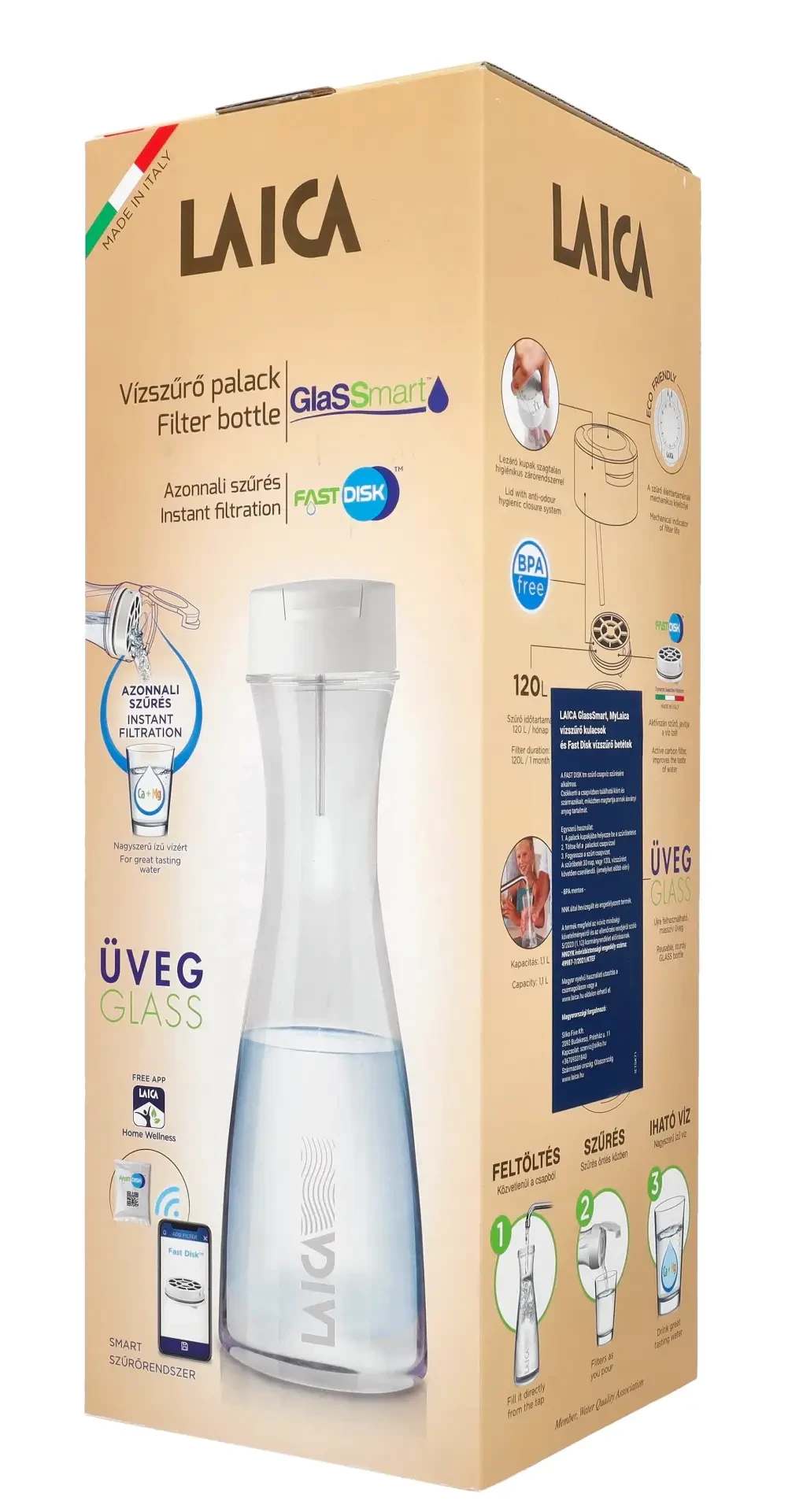 LAICA GlasSmart 1,1 literes üveg vízszűrő palack 1 db szűrő disk-kel