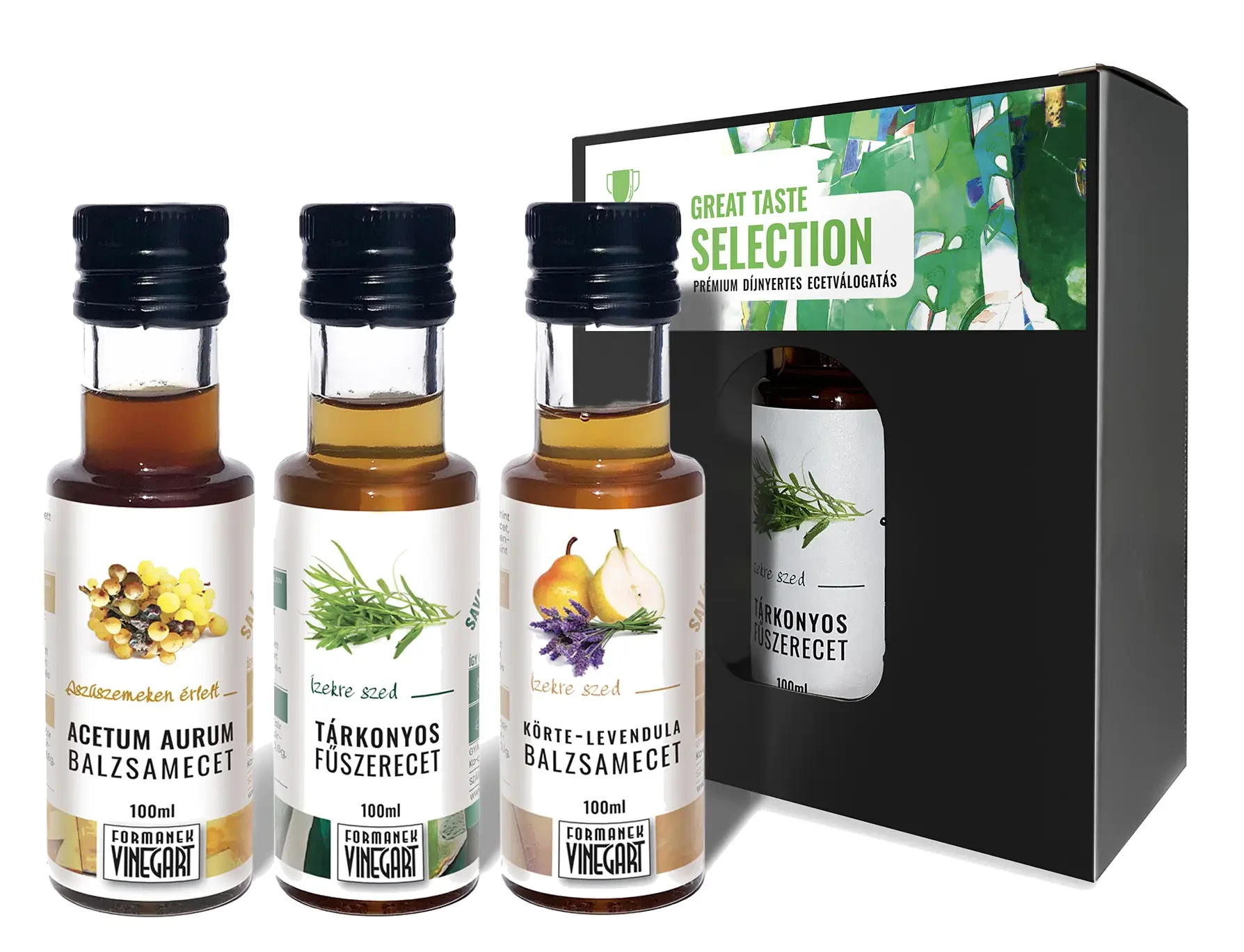Grate taste selection - ecetválogatás, 3x100ml (Tárkonyos fűszerecet, Körte-levendula balzsamecet, Aszú balzsamecet)