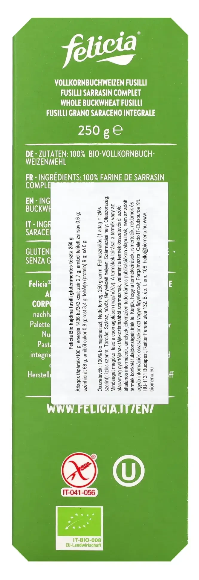 Felicia Bio hajdina fusilli gluténmentes tészta 250g