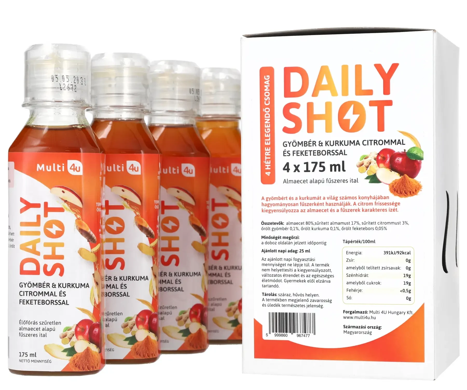 Multi 4U DAILY SHOT Gyömbér & Kurkuma citrommal és feketeborssal 175 ml