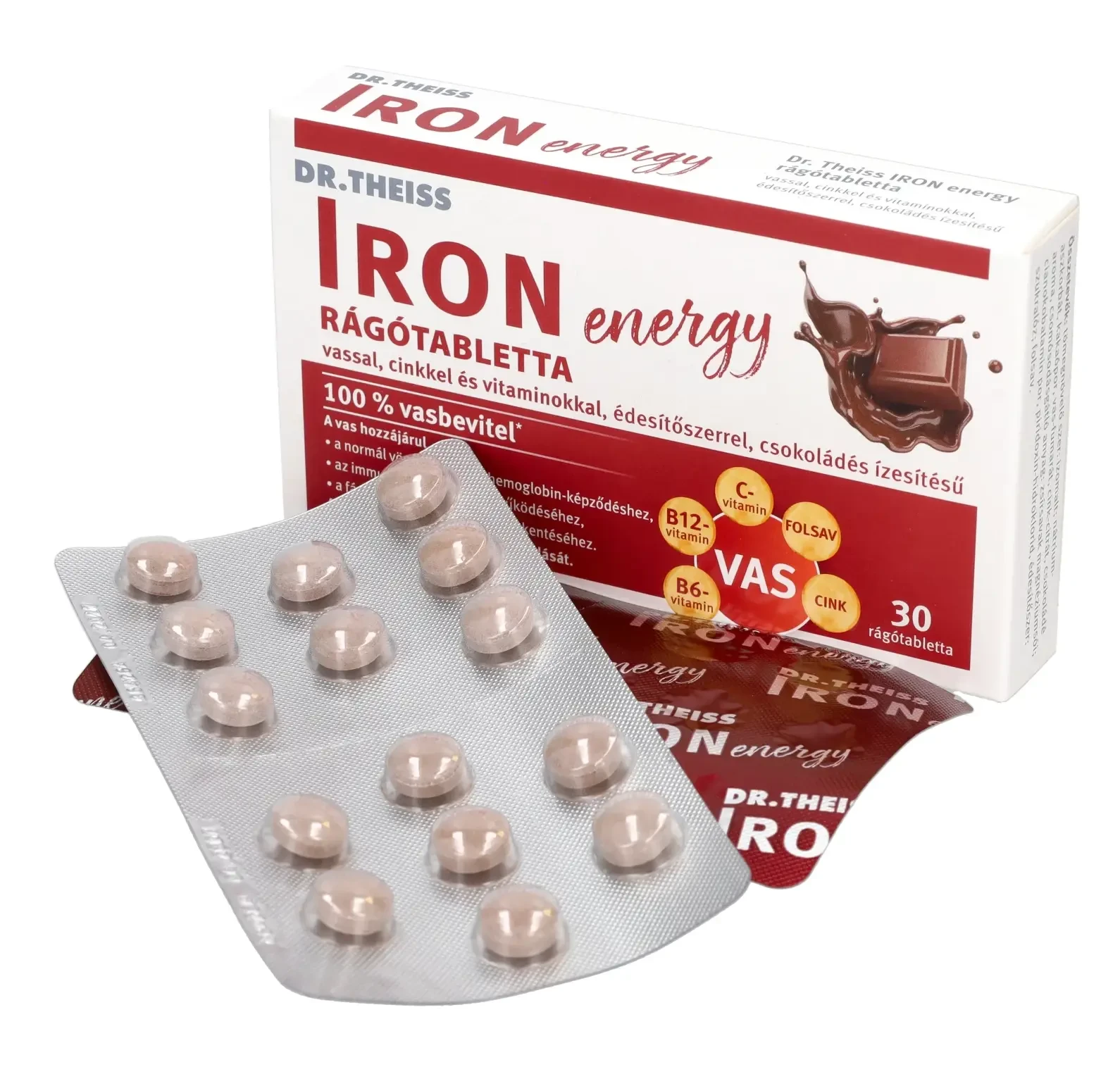 Dr.Theiss IRON energy rágótabletta édesítőszerrel,csokoládés ízesítésű 30 db