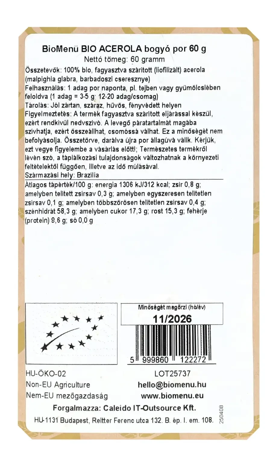 BioMenü BIO ACEROLA bogyó kivonat por 60 g