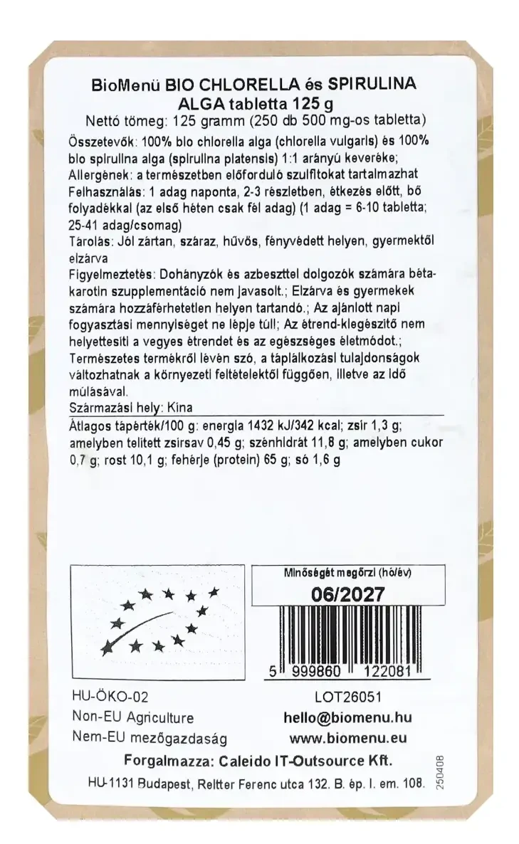 BioMenü BIO CHLORELLA és SPIRULINA tabletta 125 g (250 db)